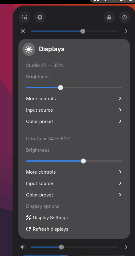 Veld Monitor Controls per-monitor menu in GNOME Quick Settings